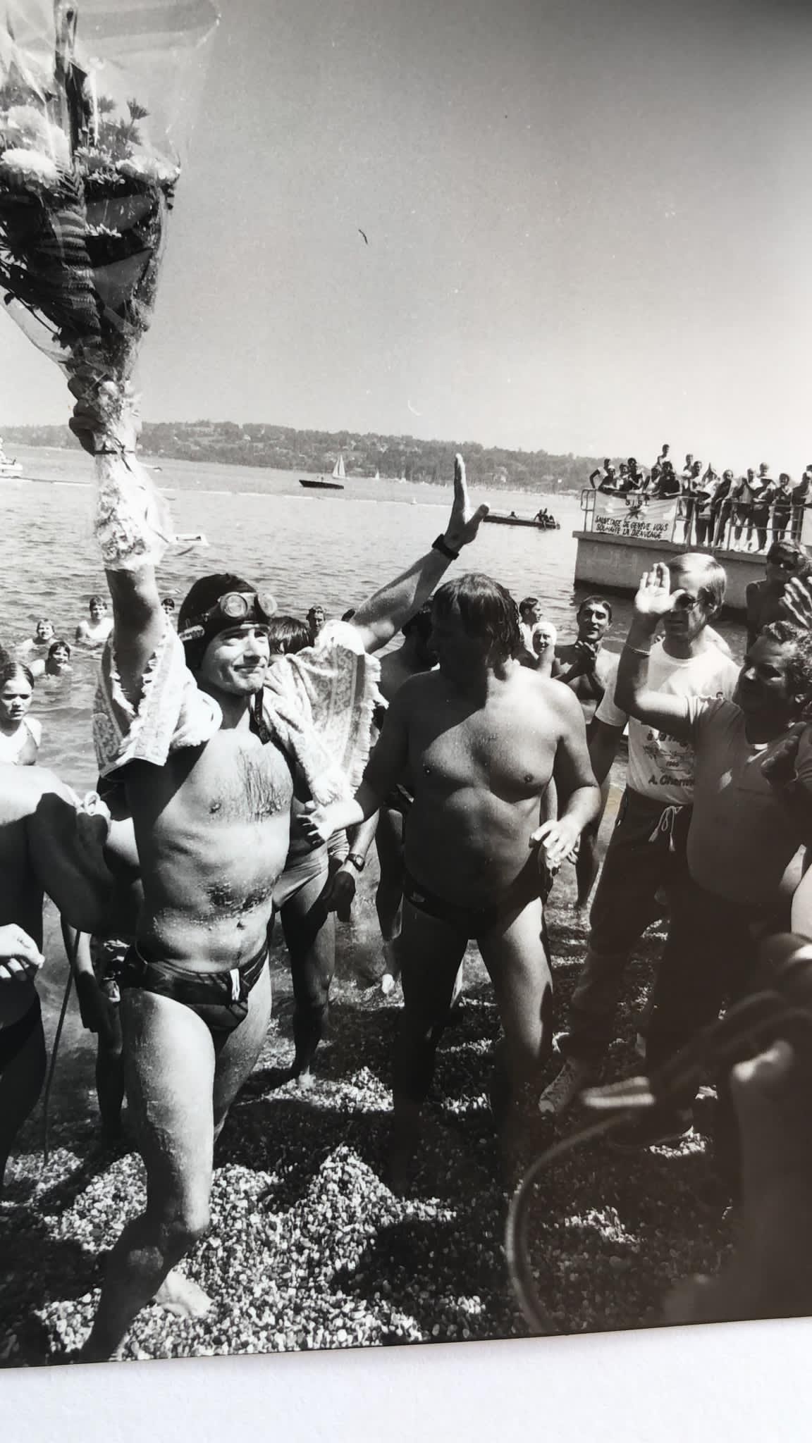 Historic Lake Geneva swimmer and shore-side crowd